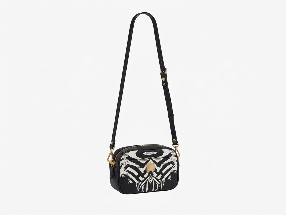 RARE MCM Funky Zebra Crossbody Mini Double Zip Gold Hardware
